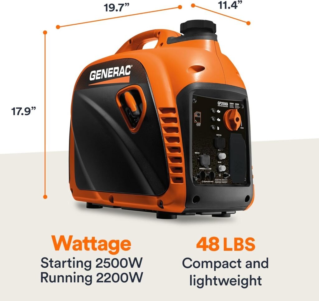 Generac 8250 GP2500i 2,500-Watt Gas Powered Portable Inverter Generator - Compact and Lightweight Design with Parallel Capability - Produces Clean, Stable Power - CARB Compliant - Orange/Black